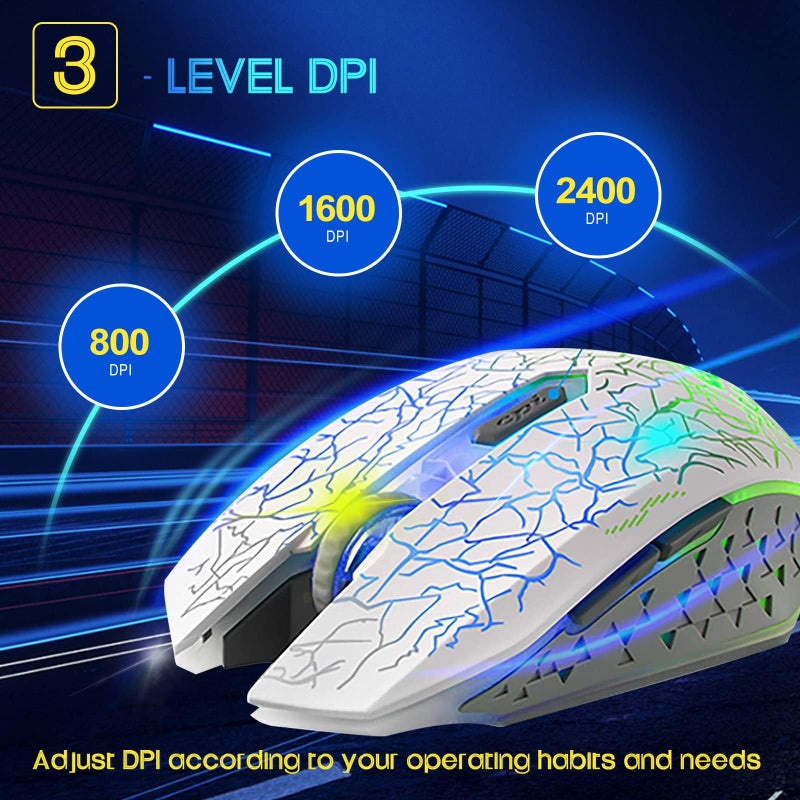 VEGCOO C10 Wireless Gaming Mouse, Rechargeable Gaming Mouse, Silent Optical Mice with 2.4G USB Receiver, 3 Ajustable DPI, 7 Colorful LED Lights for Gamer (White) - Image 2